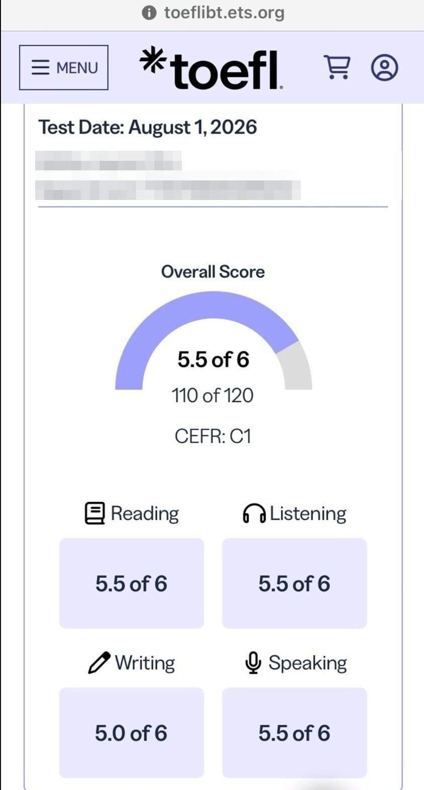 2026 개정 TOEFL 성적표 — 총점 5.5, 110/120 (이름 가림)